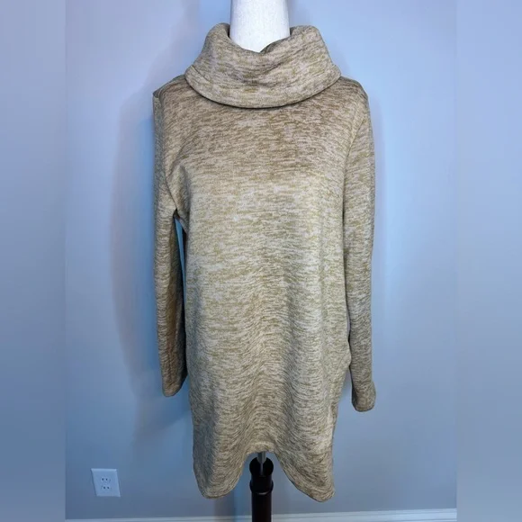 Sz M Lands' End camel tan heathered Sweater Fleece Tunic Cowl Neck Pullover - Picture 2 of 7
